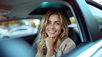 Young woman radiating happiness in her new car while holding the key. Overflowing with pride, excitement, and joy photo