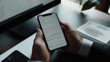 Businessman uses his smartphone to analyze financial data, highlighting the role of technology in modern business assessment photo