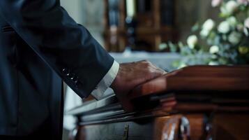 Mourner wearing a suit is paying his respects with his hand resting on a coffin during a funeral photo