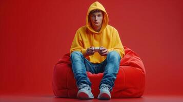 Young man in a yellow hoodie sits on a red beanbag chair and holds a game controller photo
