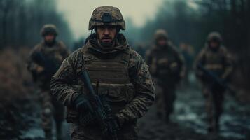 Soldiers in camouflage conducting a military operation in a forest photo