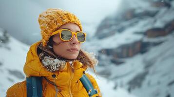 Young woman is enjoying a snowy mountain hike while wearing a yellow beanie and sunglasses photo