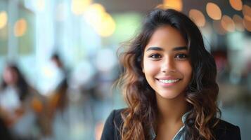 Young businesswoman is smiling in a modern office building with people working in the background photo
