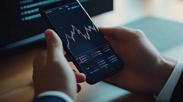 Stockbroker is studying cryptocurrency charts on a mobile app in his workplace photo