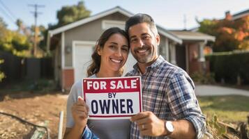 Homeowners gleefully posing with a for sale by owner sign in front of their home photo
