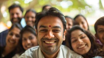 Group of happy and confident young indian professionals smiling and facing the camera outdoors, showcasing diversity and unity photo