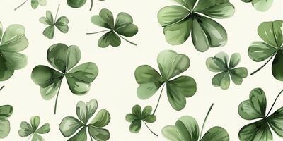 Repeating pattern of green clover leaves floating on a cream background, perfect for st patrick's day projects photo