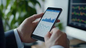 Businessman examines stock market data on a tablet, displaying financial charts and graphs on the screen photo