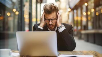 Stressed businessman suffering headache while working on laptop in cafe outdoors photo
