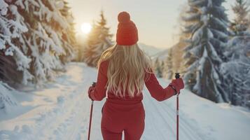 Young woman is enjoying cross country skiing on a sunny trail in a snowy forest photo