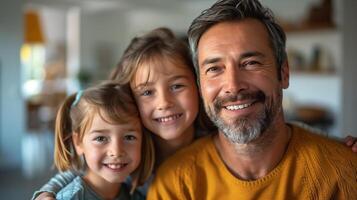 Father is sitting on a couch at home with his two daughters, hugging and smiling photo