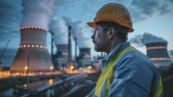 Industrial engineer in a hard hat and safety vest is observing the cooling towers of a power plant at dusk photo
