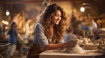 Woman potter meticulously molds clay on a table, with others working in the background photo