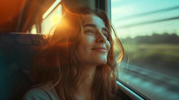 Capturing the essence of wanderlust and freedom, a young woman smiles and gazes out the train window at sunset, beginning a journey of adventure and relaxation photo