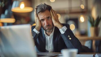 Frustrated businessman sitting at a cafe table, holding his head in distress photo