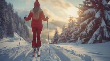 Skiing through a serene snow-covered forest at sunrise a woman finding motivation and connection to nature on the tranquil trail photo