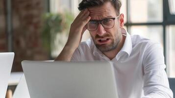 Stressed and frustrated businessman working on laptop, experiencing headache and exhaustion from work photo
