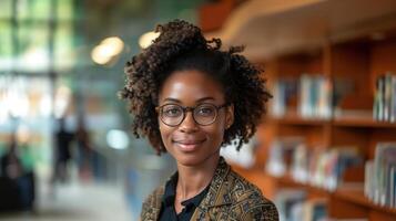Young professional in stylish glasses smiles in a modern library filled with books, exuding confidence and success in business or academia photo