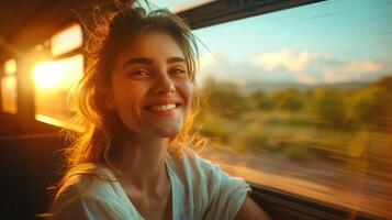Young woman relaxes on a train while watching the sunset over a stunning scenery photo