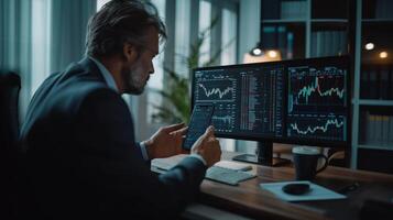 Stock market broker is analyzing charts on his computer and smartphone app, looking for investment opportunities photo