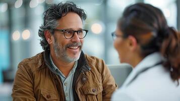 Mature man with a friendly smile is listening to his doctor during a medical consultation photo