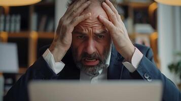 Stressed businessman holding his head while working on a laptop, experiencing a headache photo