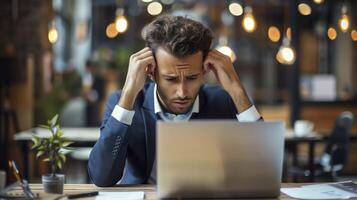 Businessman experiences a headache and stress while working on his laptop at a cafe photo