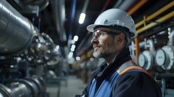 Factory industrial engineer in a hard hat and safety glasses overseeing operations and conducting inspections photo