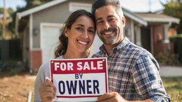 Excited couple smiling while holding for sale by owner sign, selling their home photo