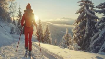 Woman athlete takes in the sunset while cross-country skiing on a snowy mountain path photo
