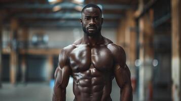 Confident black man shows muscles in gym, exuding strength and determination. Fit and active lifestyle inspires viewers photo