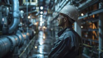Industrial engineer in safety gear supervising the production line inside a factory photo