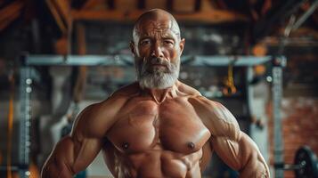 Determined senior man flexes muscles in the gym, inspiring others with his fit lifestyle photo