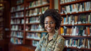 Joyful young woman exudes confidence and positivity while surrounded by books in a library photo