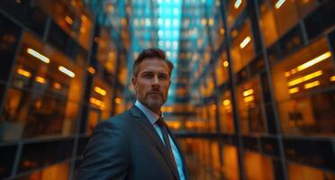 Man stands in a modern city center surrounded by illuminated office buildings at night photo