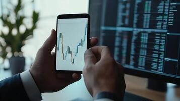 Businessman analyzes stock market data using a smartphone app at his office desk photo