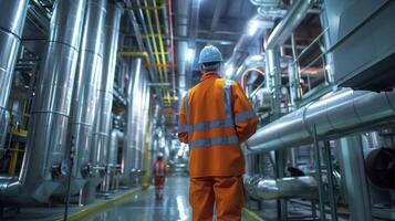 Industrial engineer inspecting factory pipe system while wearing hardhat and safety vest photo