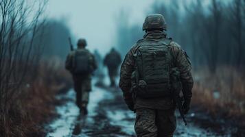 Soldiers bravely navigating a foggy winter forest, armed and ready to face danger, displaying teamwork and courage in their mission to defend photo