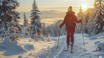 Female athlete is ski touring through a snowy forest on a sunny mountain trail photo