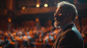Businessman is speaking at a conference, captivating the audience with his insights and expertise photo
