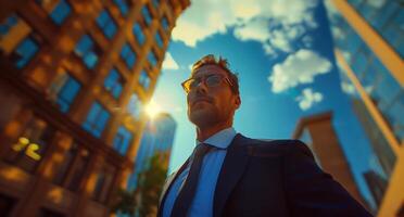 Businessman is walking in the city with modern buildings and a blue sky during the day photo