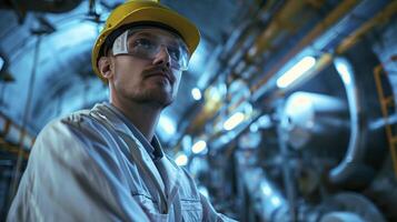 Industrial engineer in hard hat and safety glasses inspecting equipment in factory setting photo