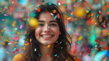 Young woman joyfully smiles at a vibrant party, surrounded by lively confetti, capturing the spirit of celebration and excitement in an energetic atmosphere photo