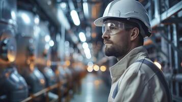 Skilled engineer in a hard hat conducts safety and efficiency inspection of factory machinery with modern blurred background photo