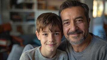 Father and son bonding happily in their living room, enjoying quality time together photo