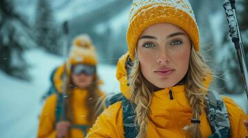 Two women happily exploring snowy forest with snowshoes, dressed warmly for active outdoor adventure in white and blue scenery photo