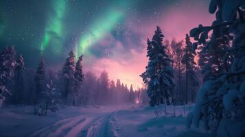 Northern lights brightening snow-covered path through forest at night photo