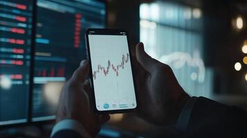 Businessman using a smartphone to analyze stock market data on a trading app photo