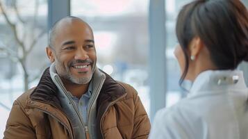 Smiling man talks to a doctor in a hospital, showing trust and care. The diverse pair discusses medical advice in a bright, positive setting photo