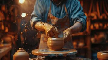 In a workshop, a potter molds a clay pot on a spinning wheel with hands covered in clay photo